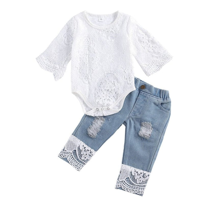 lioraitiin New 0-24M Baby Girls Fall Clothes Long Sleeve Lace Romper Suit Triangle Crotch Lace Top  Hole Long Jeans 2Pcs Outfit