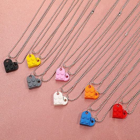 2Pcs Cute Love Heart Brick Pendant Necklace for Couples Friendship Women Men Lego Elements Couple Valentines Gifts Punk Necklace