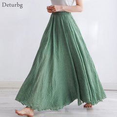 High Quality Cotton Linen Maxi Skirt Womens Casual Elastic High Waist Pleated A-Line Beach Skirts Boho Saia Feminina Faldas Jupe