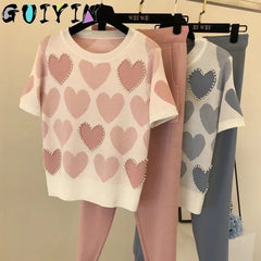 Korean Beaded Love Printed Knitted Sweet 2 Pcs Women Short Sleeve Beading Sweaters Female Tops+pants Suit Pink Casual Tracksuit