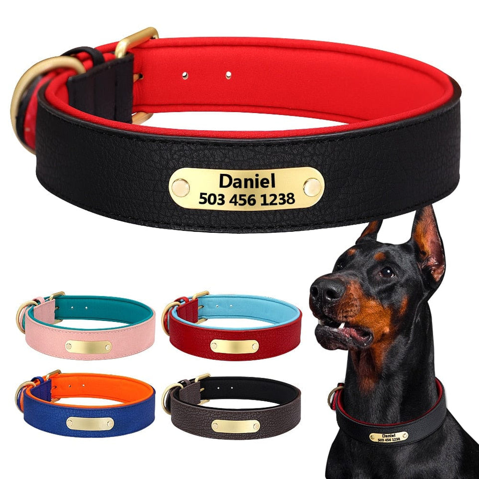 Custom Engraved Dog Collar Leather Padded Dogs Collars With Personalized ID Plate Tag 2 Layers For Small Large Dogs Pitbull - Wowza