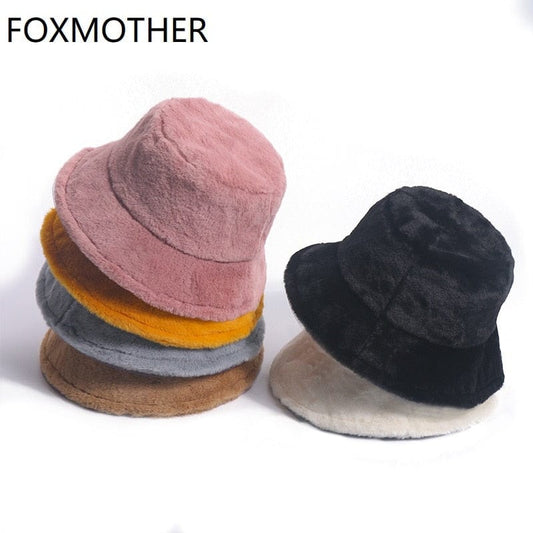 FOXMOTHER Winter Outdoor Vacation Lady Panama Black Solid Thickened Soft Warm Fishing Cap Faux Fur Rabbit Bucket Hat For Women