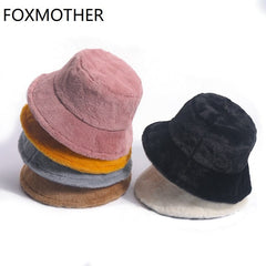 FOXMOTHER Winter Outdoor Vacation Lady Panama Black Solid Thickened Soft Warm Fishing Cap Faux Fur Rabbit Bucket Hat For Women