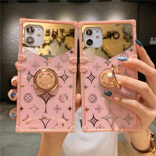 Luxury Square Mirror Pink Phone Case For iPhone 13 12 11 Pro XS Max XR X 10 7 8 Plus Hot Fashion Ring Holder Stand Cover Coque