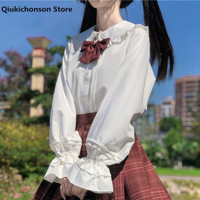 Long Sleeve White Shirt Teen Girls Women Spring Autumn Japanese Preppy Style Kawaii Frilly Peter Pan Collar Lolita Blouse Tops