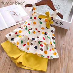 Humor Bear Girls Clothes Suit  Brand NEW Summer Toddler Girl Clothes Dot Bow Vest T-shirt Tops+Shorts Pants 2Pcs Set