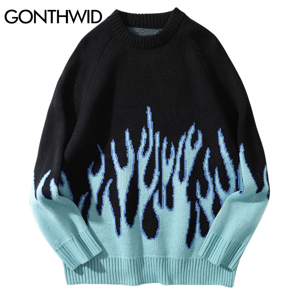 GONTHWID Hip Hop Sweaters Fire Flame Knitted Sweater Jumpers Streetwear Harajuku 2023 Mens Fashion Casual Pullover Tops Coats