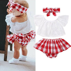 Lioraitiin 3Pcs Set 0-24M Newborn Baby Girl Clothes Cute Summer Off Shoulder Lace Tops+ Red Plaid Short Dress Headband Outfit