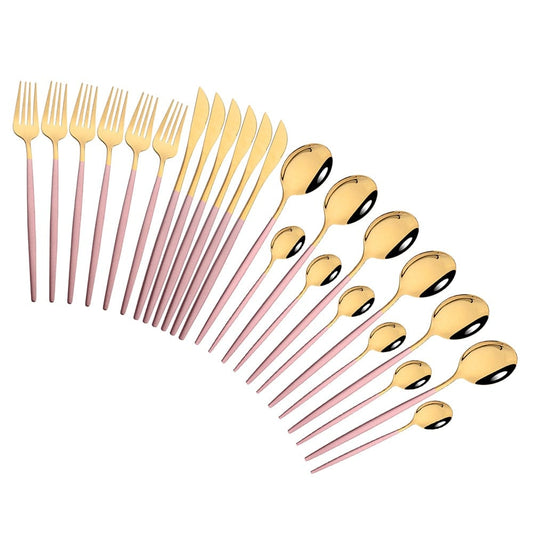 Pink Gold Cutlery Set Stainless Steel Dinnerware Set 24Pcs Knives Forks Coffee Spoons Flatware Set Kitchen Dinner Tableware Set - Wowza