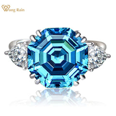 Wong Rain 100% 925 Sterling Silver Asscher Cut Lab Sapphire Citrine High Carbon Diamonds Gemstone Wedding Ring Jewelry