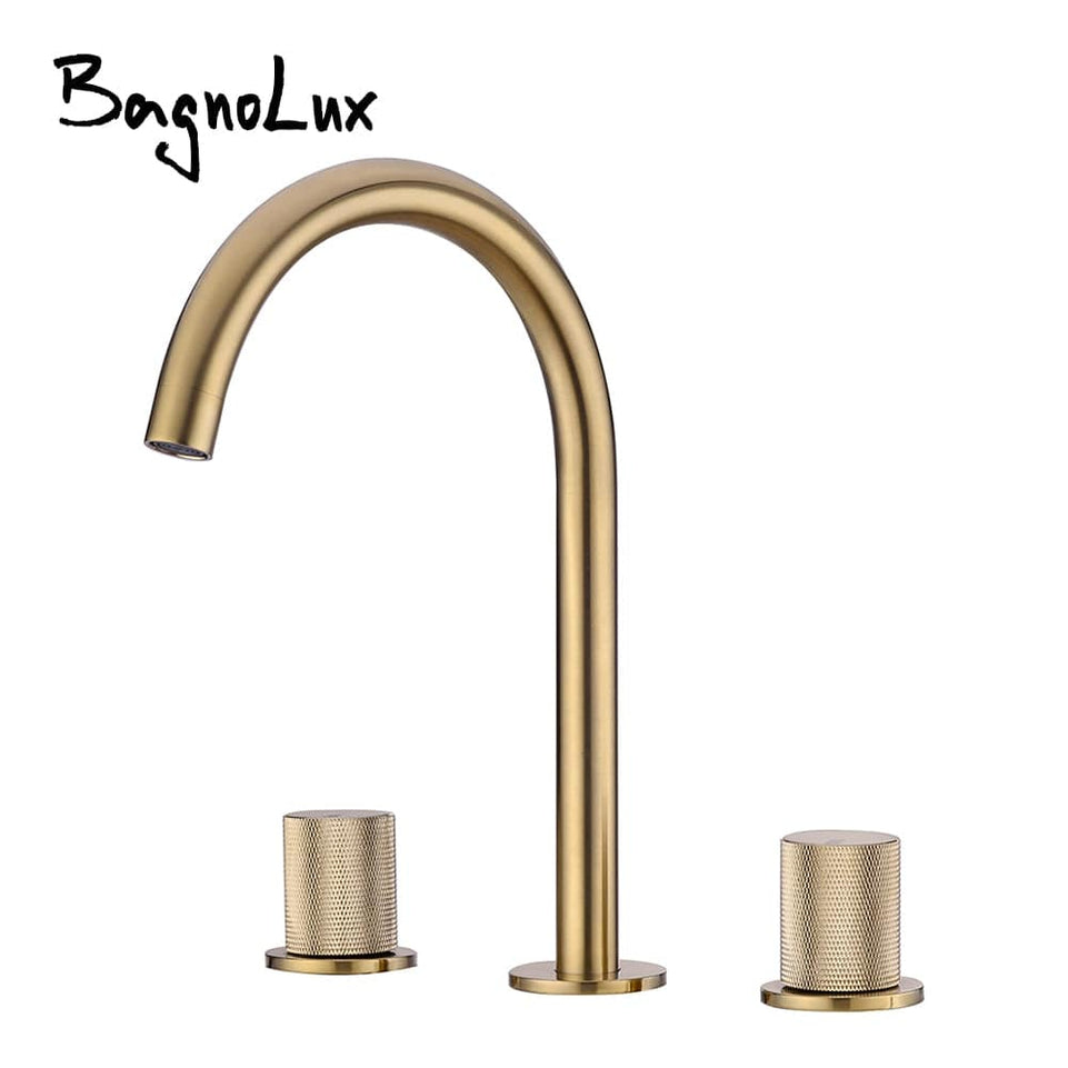 Basin Mixer Water Bathroom Sink Faucet Brushed Gold Brass Deck Mounted Dual Holder Three Hole Mixed Cold And Hot