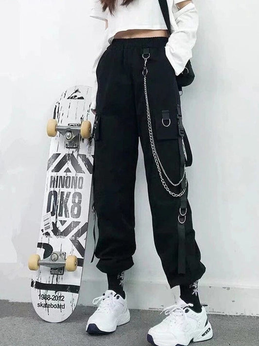 Women Cargo Pants  Harem Pants Fashion Punk Pockets Jogger Trousers With Chain Harajuku Elastics High Waist Streetwear