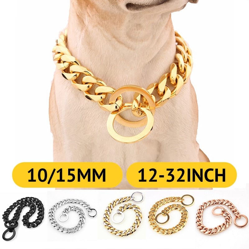 15mm Solid Dog Chain Stainless Steel Necklace Dogs Collar Training Metal Strong P Chain Choker Pet Collars for Pitbulls - Wowza