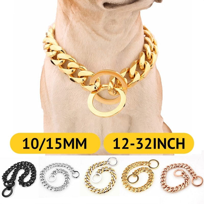 15mm Solid Dog Chain Stainless Steel Necklace Dogs Collar Training Metal Strong P Chain Choker Pet Collars for Pitbulls - Wowza