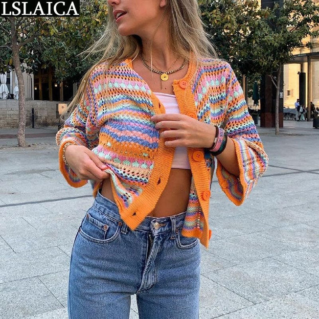 Cardigan Top Women Long Sleeve Single Button Decorated Slim Rainbow Striped Patchwork Women's Sweater Spring Autumn Fashion 2022