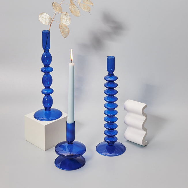 Blue Glass Candlesticks for Wedding Birthday Holiday Home Decoration Morden Decorative Glass Candle Holder 1PC