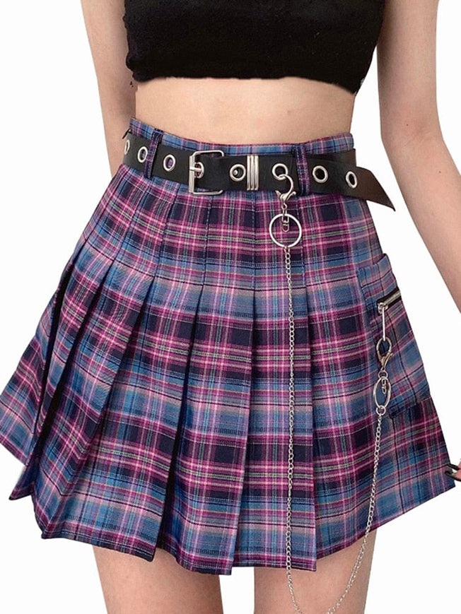 Harajuku Plaid Skirt Women Punk y2k High Waist Mini Tennis Skirts Uniform Chain Pocket A-line Streetwear Vintage Free Belt