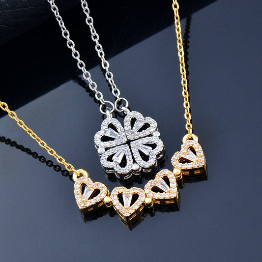 SINLEERY Unusual together 4 crystal heart flower pendant stainless steel necklace gold silver color chain XL333 ZD1 SSK