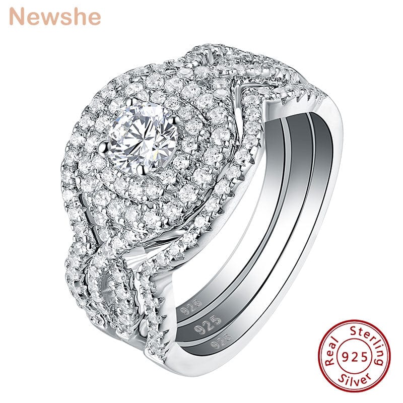 Newshe Wedding Rings Set for Women 3Pcs Stackable 925 Sterling Silver Bridal Luxury Jewelry Halo Round Cut AAAAA Cubic Zircon