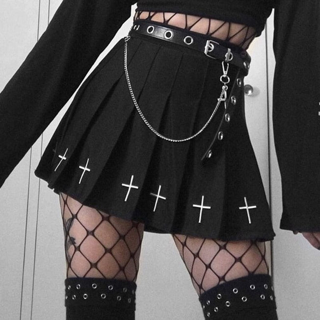 Black High Waist Mini Skirts Punk Pleated Vintage Skirt Gothic Streetwear Cross Print Pleated Women Skirts Lolita Harajuku Skirt