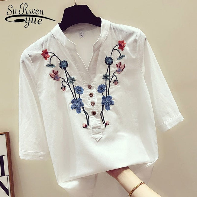 Womens Tops and Blouses Loose Shirts Cotton White Blouse Elegant Embroidery V-Neck Shirts 2023 Summer New Clothes 3140 50