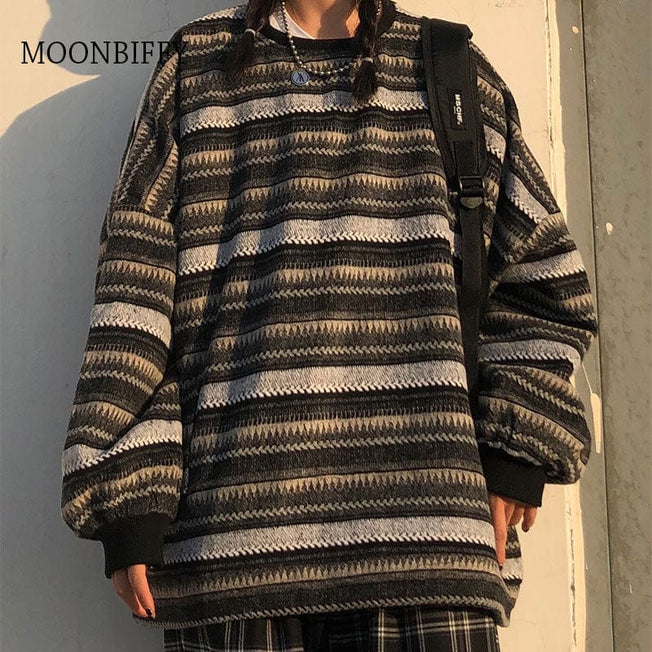 Unisex Women Striped Knit Sweater Spring Autumn Retro Hip Hop Pullovers Tops Female Oversize Ulzzang BF Couples Japanese