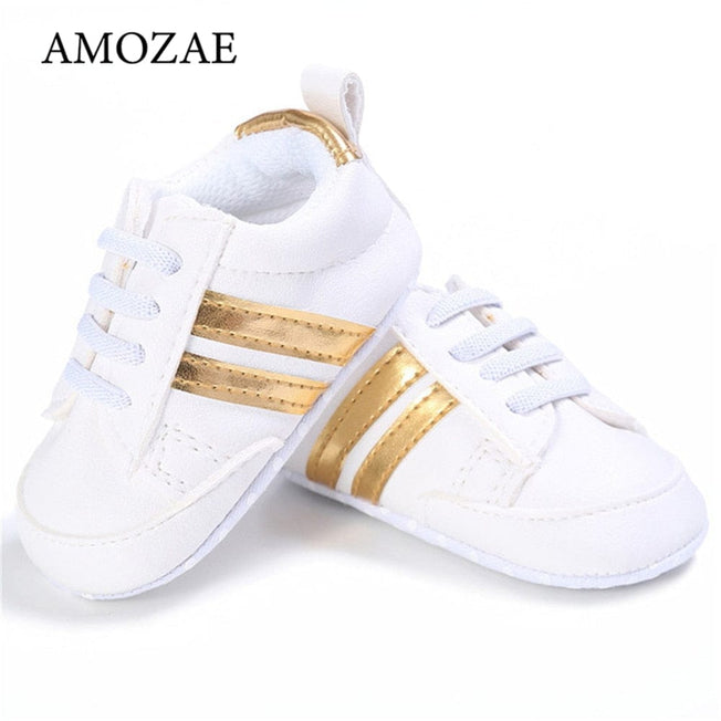 Baby Shoes Newborn Boys Sneaker Girls Two Striped First Walkers Kids Toddlers Lace Up PU Leather Soft Soles Sneakers 0-18 Months