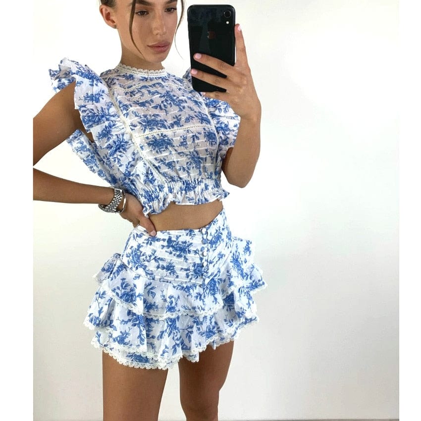 High Quality 2023 Sunday Set elastic waistband Cropped top with ruffle detail and cute ruffle mini shorts skirts