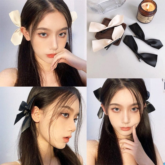 2pcs Black White Ribbon Hair Bows Clips Vintage Bowknot Side Hairpin Cute Girls Barrettes Headdress  Hair Accessories for Women