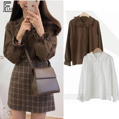 Basic Shirts Blouses Hot Sales 2019 Women Fashion Design Korean Preppy Style Flare Sleeve Peter Pan Collar White Button Shirt