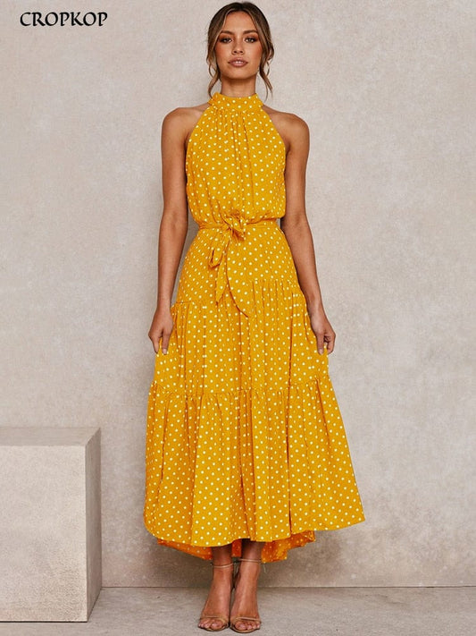 Summer Long Dress Polka Dot Casual Dresses Black Sexy Halter Strapless New 2022 Yellow Sundress Vacation Clothes For Women