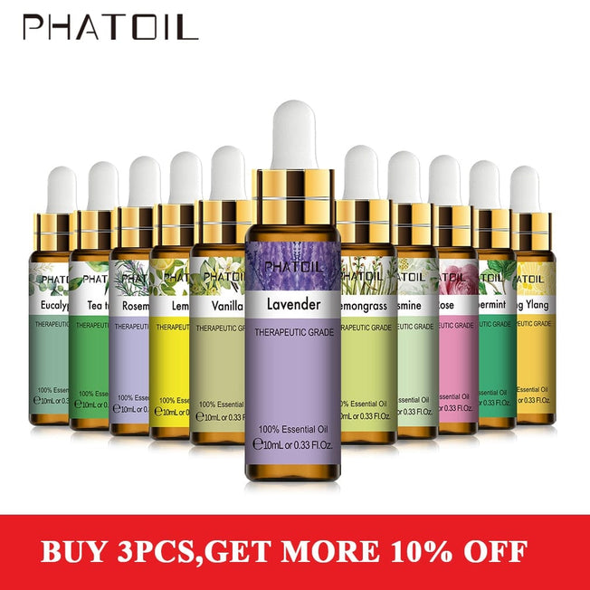 PHATOIL 10ML with Dropper Lavender Eucalyptus Vanilla Pure Natural Essential Oils Rose Jasmine Ylang Ylang Diffuser Aroma Oil