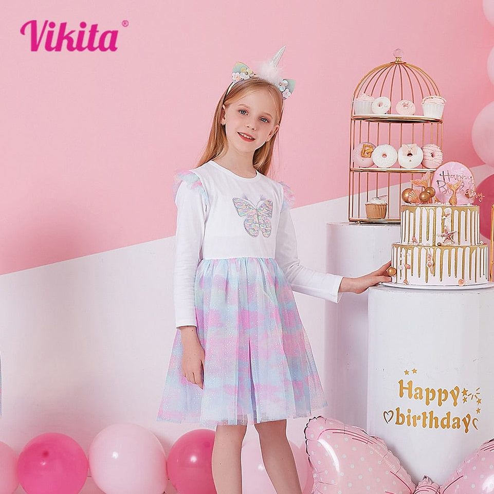 VIKITA Autumn Girls Dress Butterfly Sequins Kids Long Sleeve Dresses Baby Girls Princess Dress Party Clothes Birthday Dresses