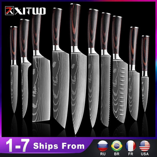 XITUO Chef knife 1-10 Pcs Set Kitchen Knives Laser Damascus Pattern Sharp Japanese Santoku Knife Cleaver Slicing Utility Knife - Wowza