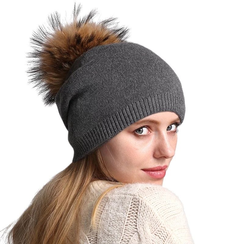 Autumn Winter Warm Knitted Hat Women Wool Skullies Beanies Casual Female Cashmere Beanie Cap Real Raccoon Fur Pompom Hat