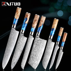 XITUO Kitchen Knives-Set Damascus Steel Chef Knife Cleaver Paring Utility Bread Knife Cooking Tool Blue Resin Handle 1-6Pcs/Set - Wowza