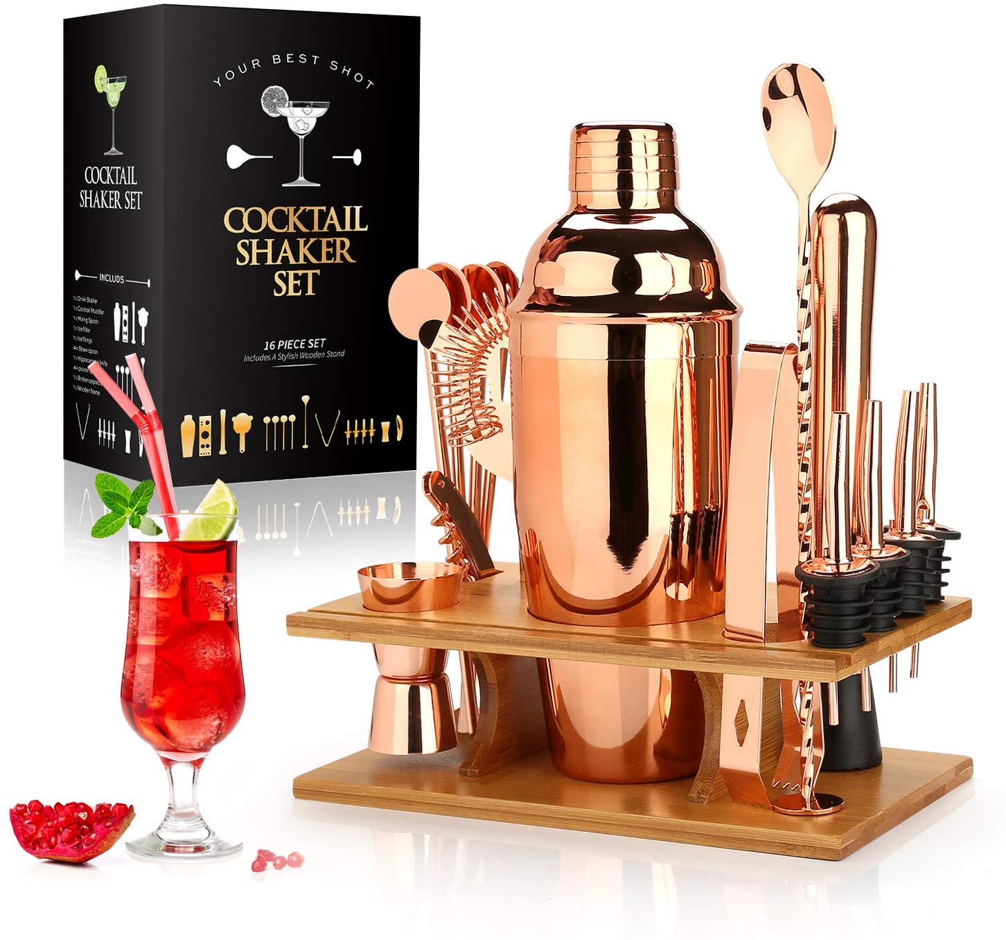 Cocktail Shaker Making Set,16pcs Bartender Kit For Mixer Wine Martini, Stainless Steel Bars Tool, Home Drink Party Accessories - Wowza