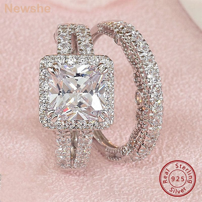 Newshe Vintage Wedding Rings for Women Solid 925 Sterling Silver 4Ct Princess Cut 5A Cubic Zircon 2Pcs Bridal Set Fine Jewelry