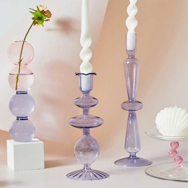 Floriddle Lilac Candle Holders Glass Candlestick holder for Wedding Table Centerpieces Nordic Vase Home Decoration Gift