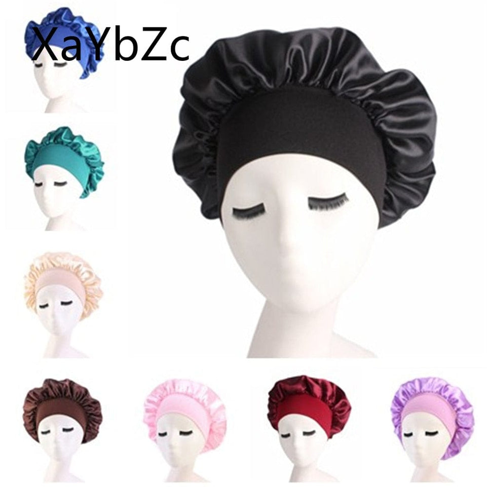 Newly Women's Satin Solid Sleeping Hat Night  Hair Care Bonnet Nightcap For Women Men Unisex Cap