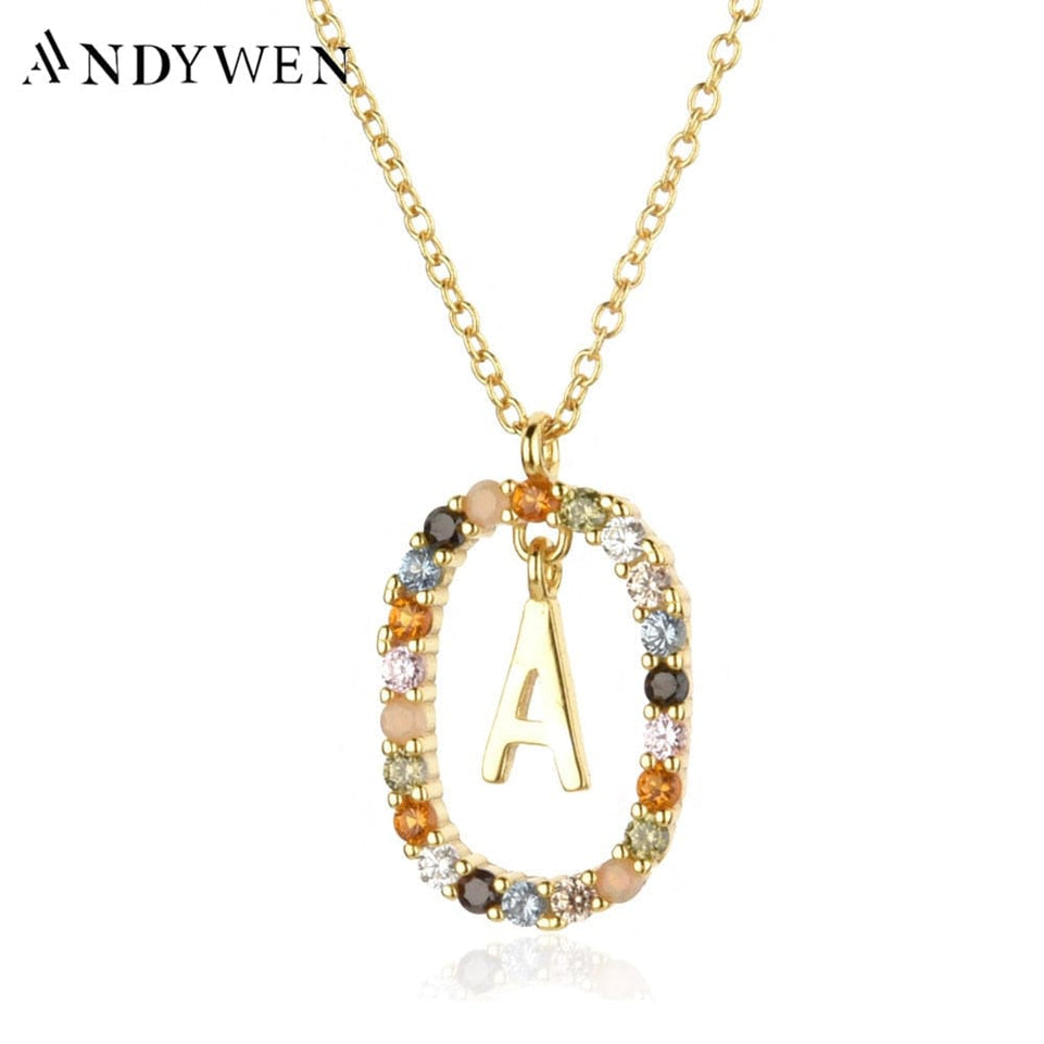 ANDYWEN 925 Sterling Silver Gold Letters A - Z  Initial M S C K Alphabet Pendente Long Chain Necklace Say My Name Fine Jewelry