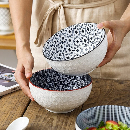 Nordic Style 6-inch Soup Bowl Underglaze Ceramic Tableware Household Instant Noodle Restaurant Simple Creative Embossed Ramen - Wowza