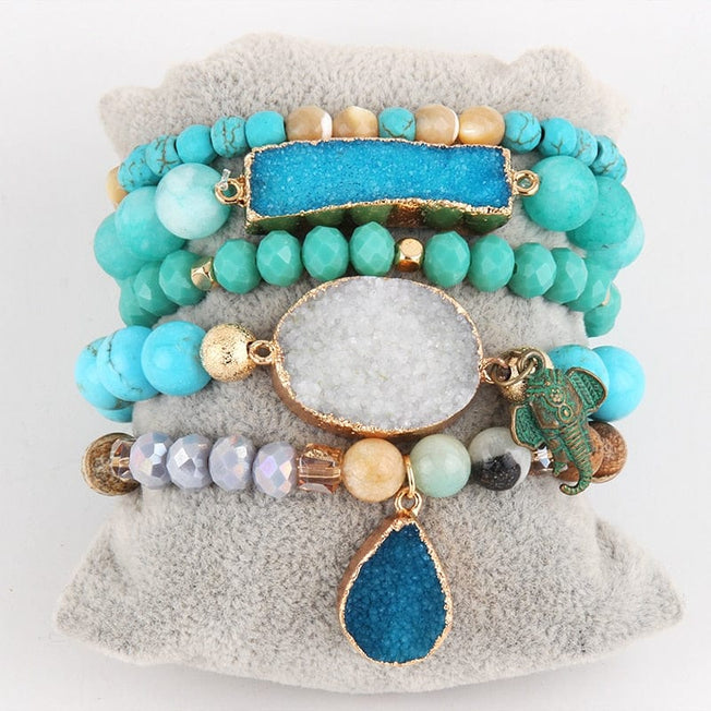 RH New Designer Boho Beaded Bracelet Set Natural Stone & Druzy 5pc Bracelets Bangles Set For Fashion Jewelry